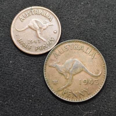 【全场包邮】纯粹捡漏拍484场（免费代拍第21场） - 澳大利亚1943年乔治六世半便士-1便士铜币2枚一组