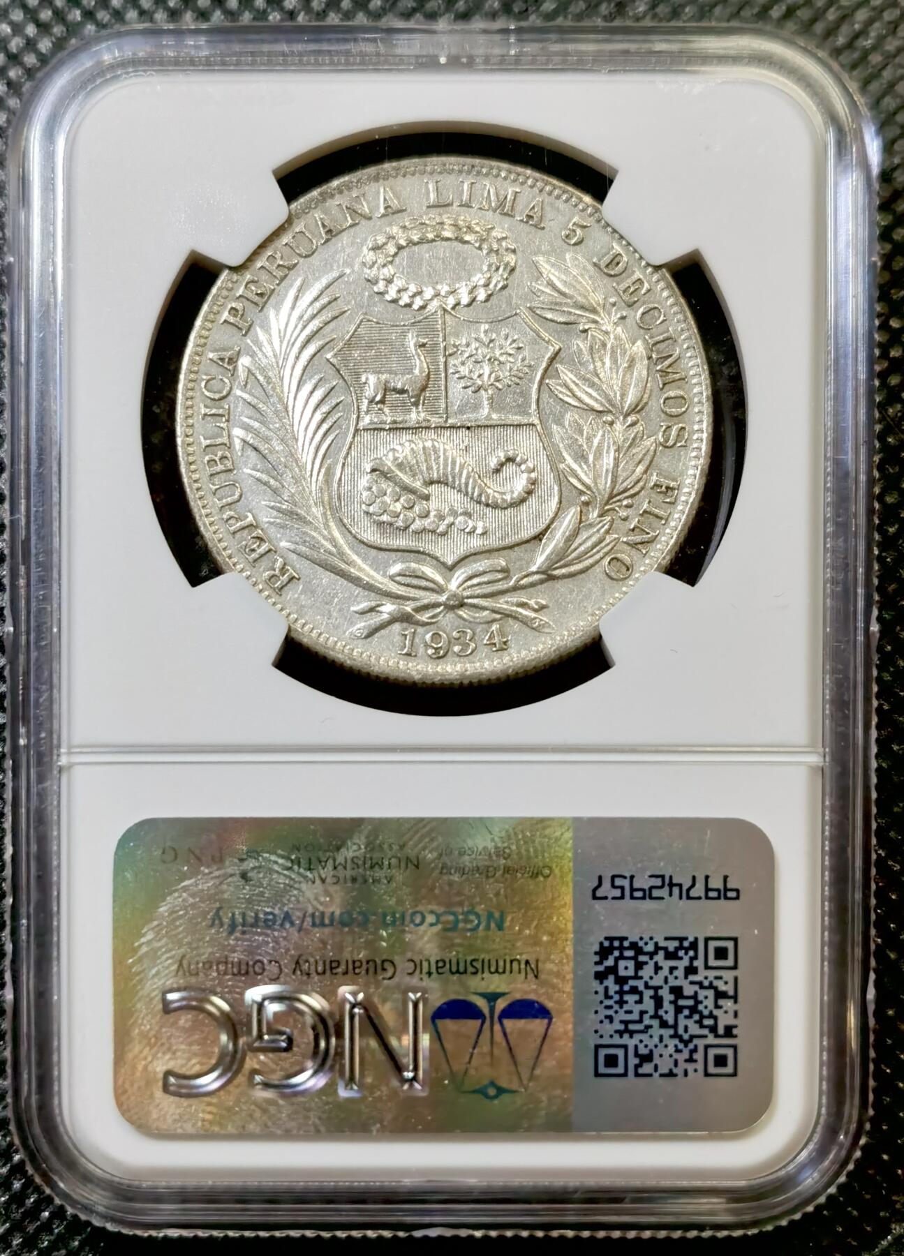 甄臻铺-世界币章拍卖（第43期）送拍享返佣金等优惠多多 NGC-AU53 1934年秘鲁索尔，细节很好，疑似低评
