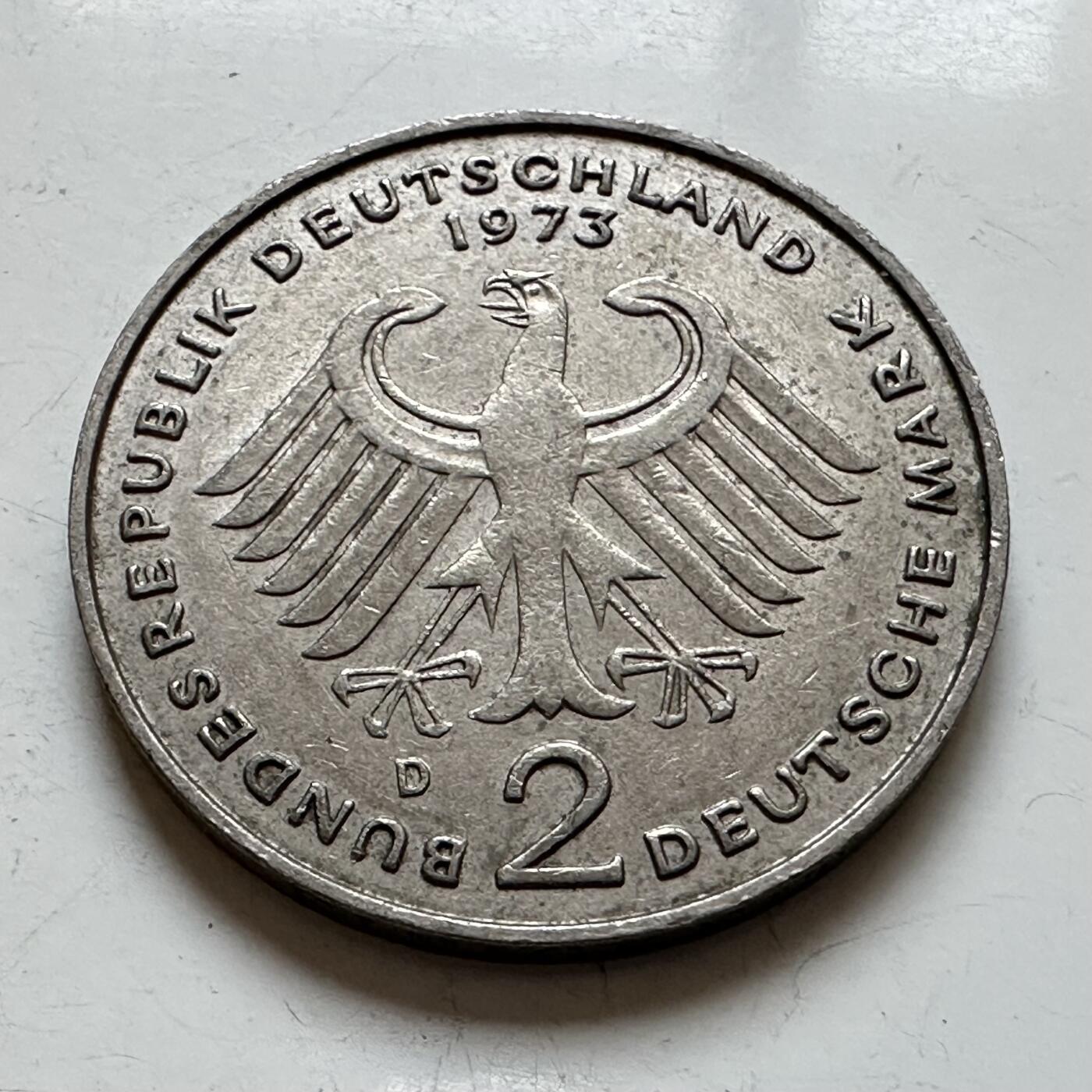 🌹外币初藏🌹🐯2025年第140场  每周二四六晚8️⃣点 接代拍 德国1973年D版 2马克 阿登纳
