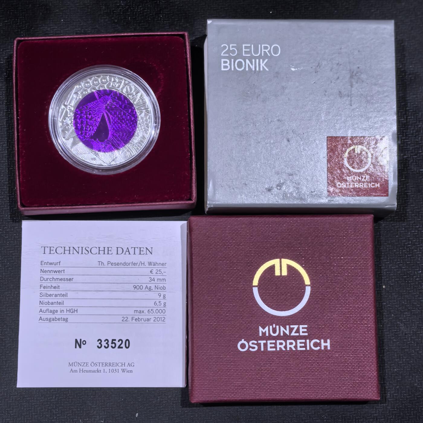 道一币馆币章第一百五十八场 原盒证 奥地利2012年仿生学发展25欧元铌芯银币