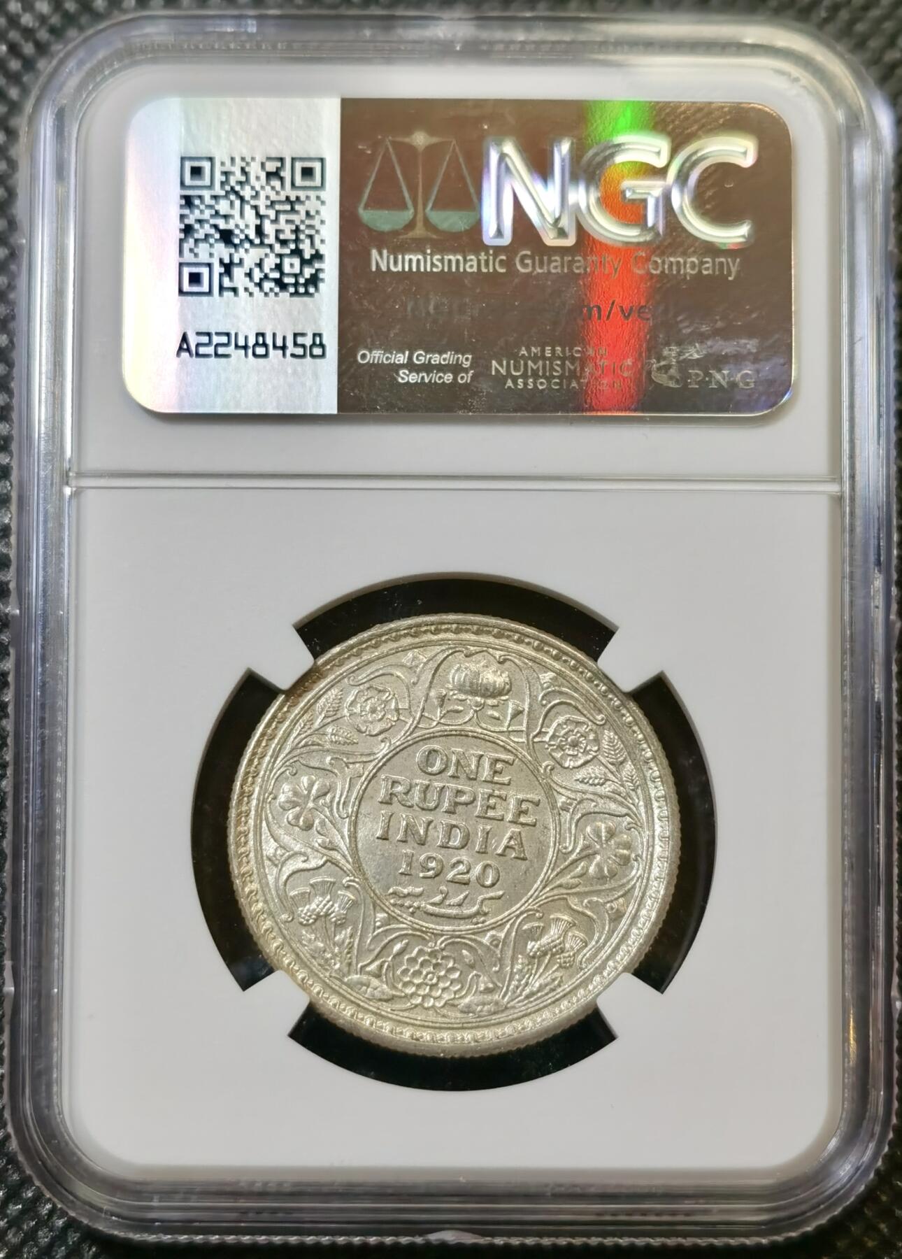 甄臻铺-世界币章拍卖（第43期）送拍享返佣金等优惠多多 NGC-MS63 1920年英属印度乔治五世卢比，卷拆银光