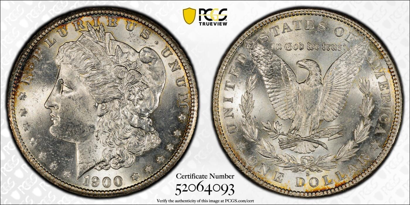 博洋堂藏家专场系列之美国钱币白金之夜专场②暨第152期（全场包邮）  PCGS MS63 美国1900 S 摩根 因铸造量少及大量钱币遭到融毁 此年份留存量很少 此枚双面环彩包浆 十字转光 麦稀奇所见最高分 难得一见的藏品 PCGS指导价为6372RMB