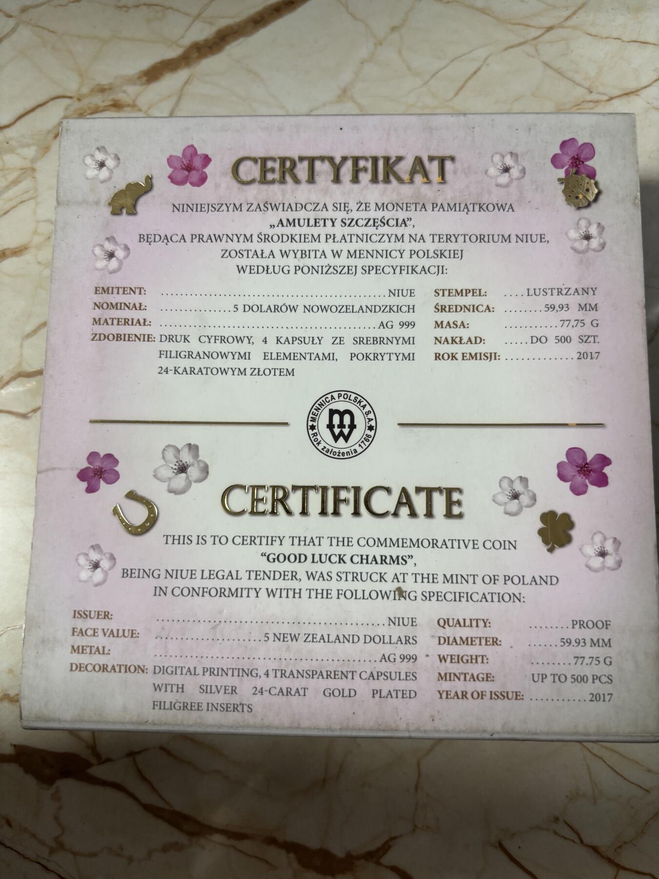第185期拍卖 纽埃2017镶嵌四叶草马蹄跌大象瓢虫幸运符彩银币，999银，发行500枚，77.75克