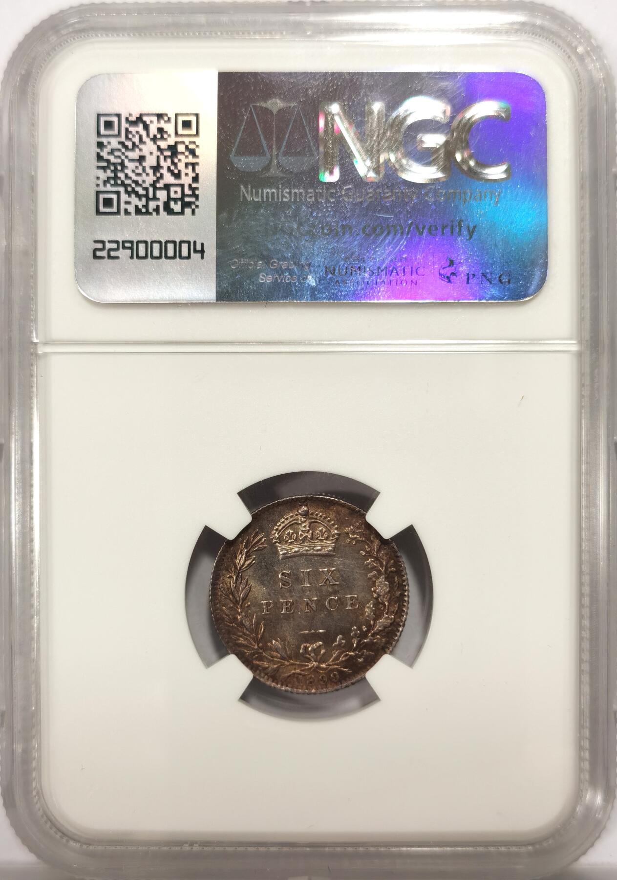 博洋堂世界钱币拍卖第151期（全场包邮） NGC MS63 英国1899年维多利亚披纱6便士银币五彩