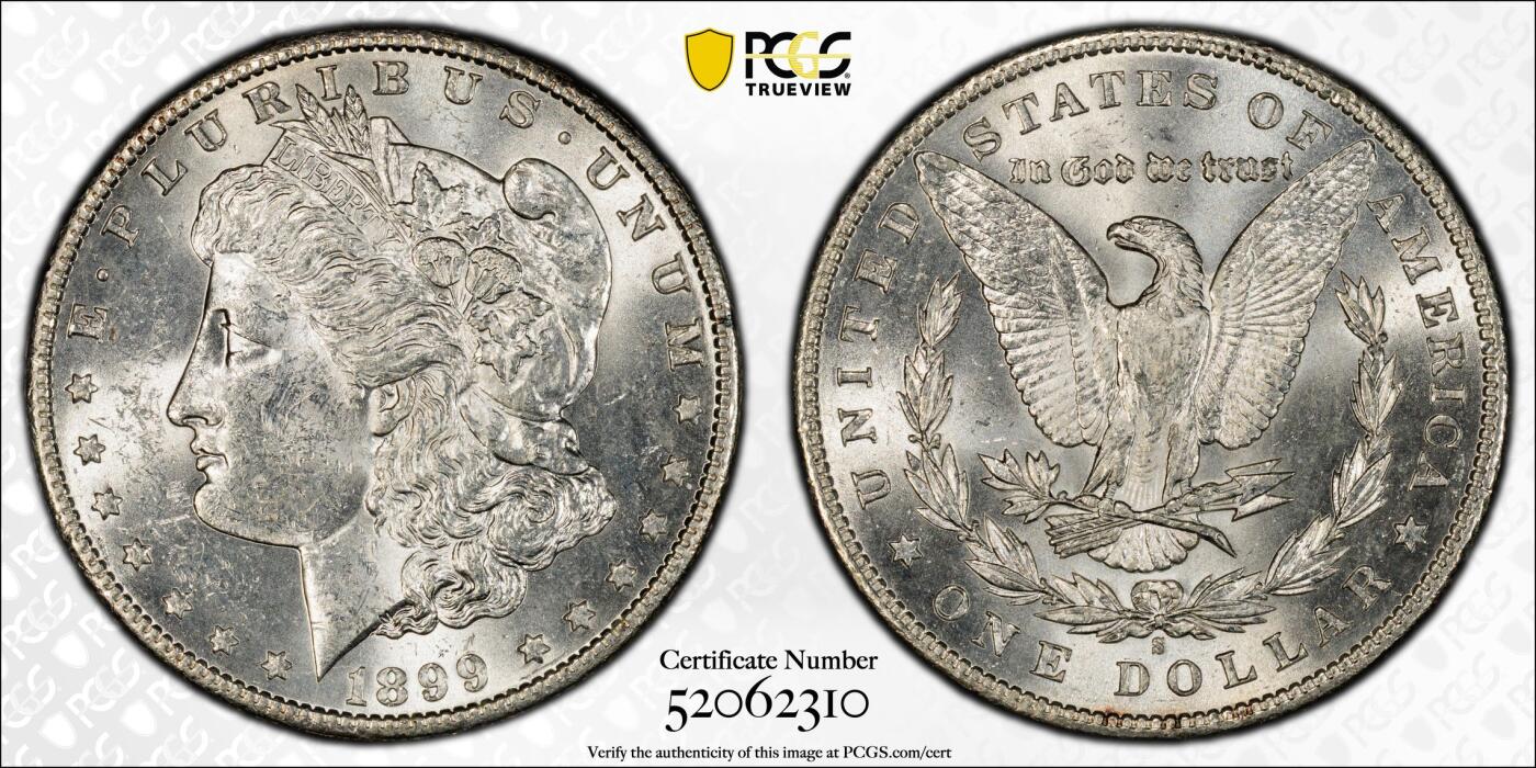 博洋堂藏家专场系列之美国钱币白金之夜专场②暨第152期（全场包邮）  PCGS MS61 美国1899 S 摩根 因铸造量少及大量钱币遭到融毁 此年份留存量很少 此枚转光犀利 远超分数状态 麦稀奇所见最高分 十分难得的藏品 PCGS指导价为5133RMB