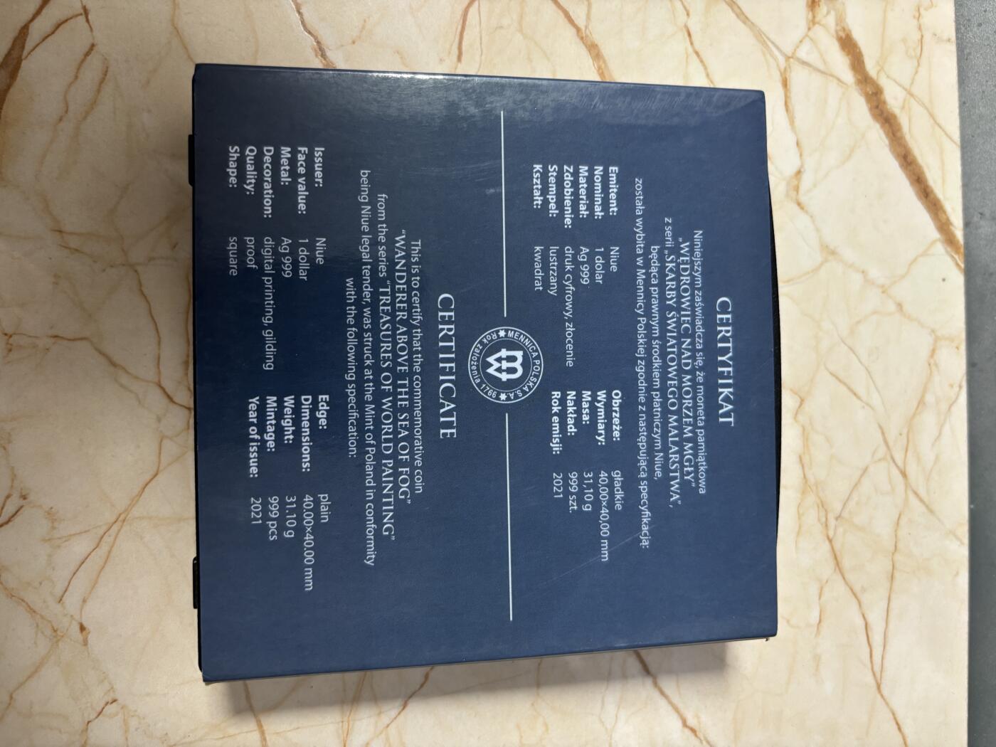 第185期拍卖 纽埃2021年世界名画系列雾海上的旅人彩色纪念银币，999银，发行量999枚