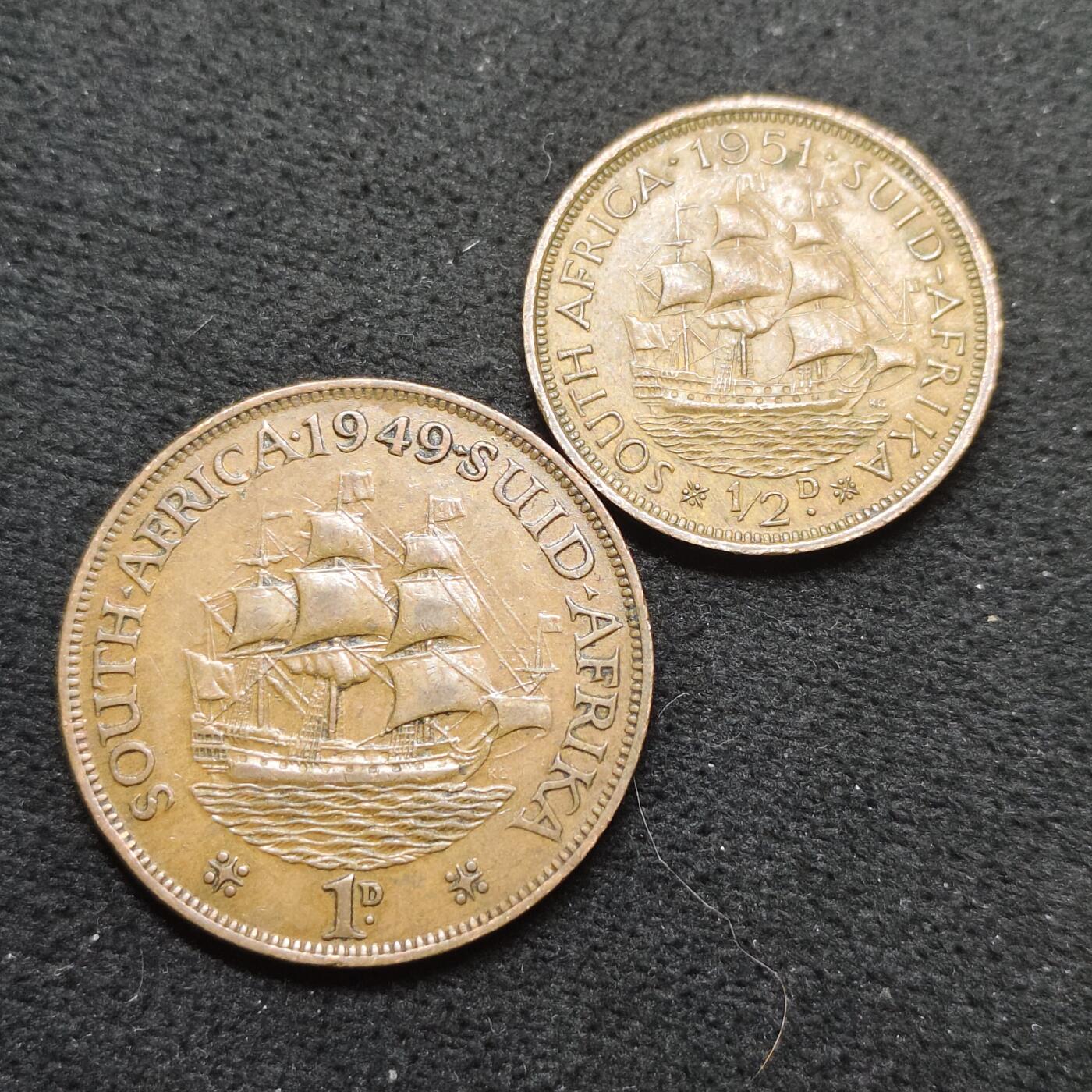 【全场包邮】纯粹捡漏拍484场（免费代拍第21场） 南非1949-1951年乔治六世半便士-1便士铜币2枚一组