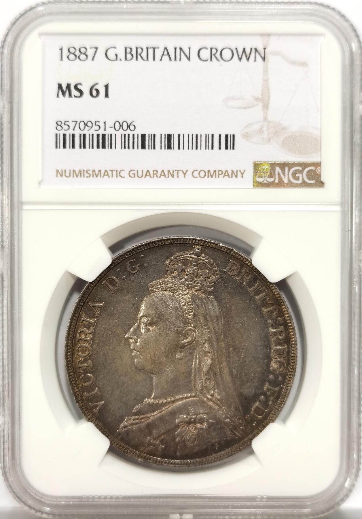 博洋堂世界钱币拍卖第151期（全场包邮） NGC MS61 英国1887年维多利亚高冠版马剑银币 五彩好品 低评