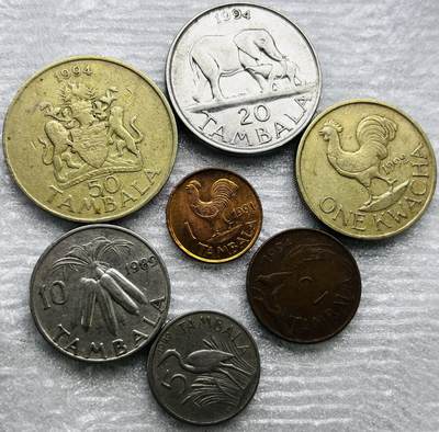 文馨钱币收藏第 284 场，【 长期接收代拍品】老藏家拍品南朝鲜李承晚时期货币，泰国大型纪念币，土耳其各时期及各国套币场 - 好品马拉维 7 枚套