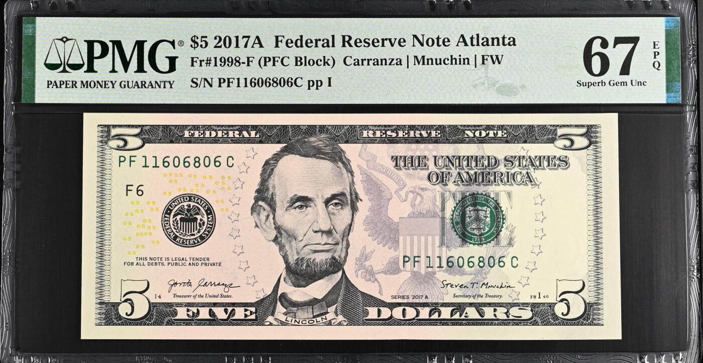 《艾美收藏》第224期-12.14周日外币超白金场 美国2017A彩版5美元PMG67E亚军分倒置号