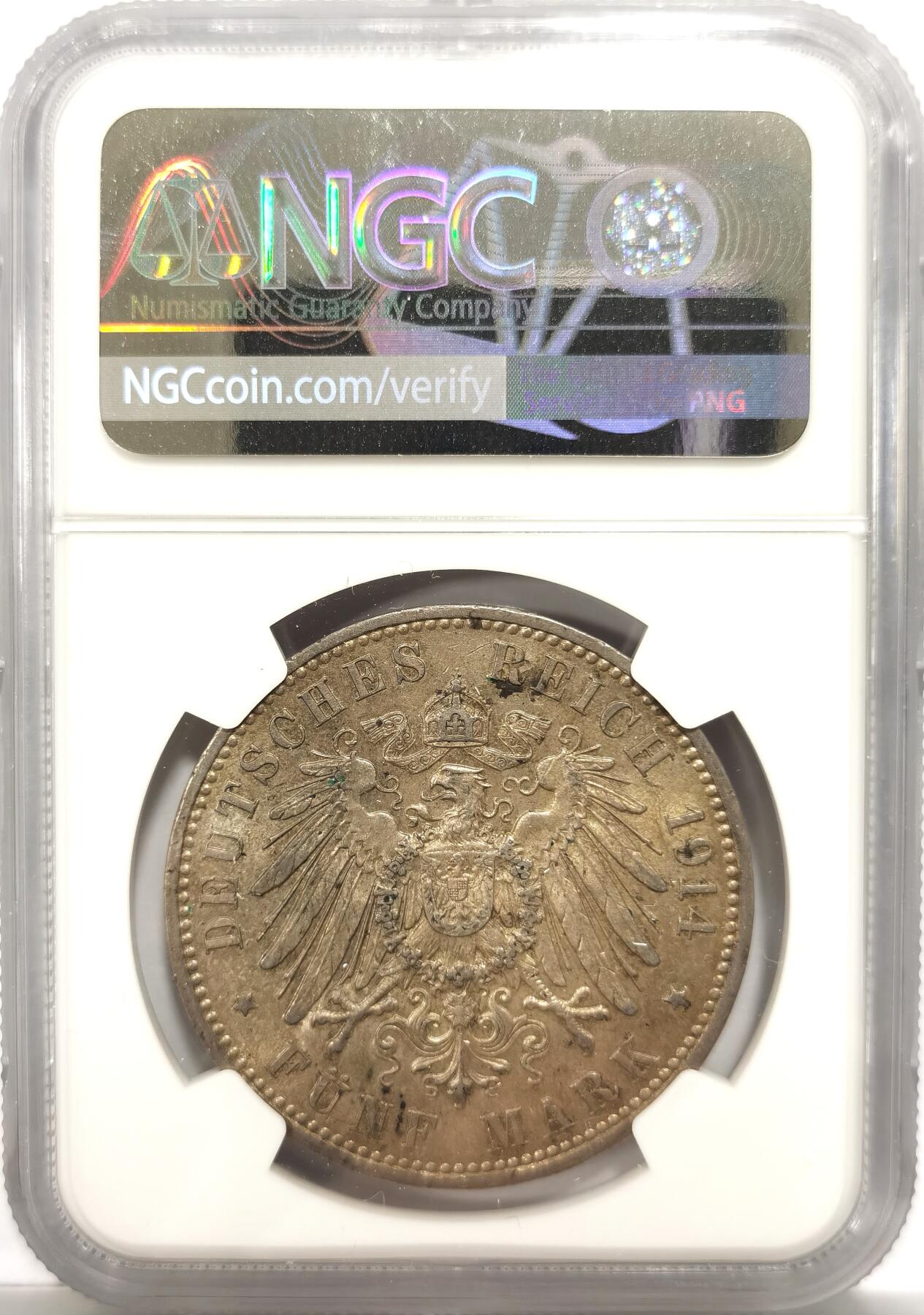 博洋堂世界钱币拍卖第151期（全场包邮） NGC AU 德国普鲁士1914年威廉二世军装5马克银币 底光包浆不错