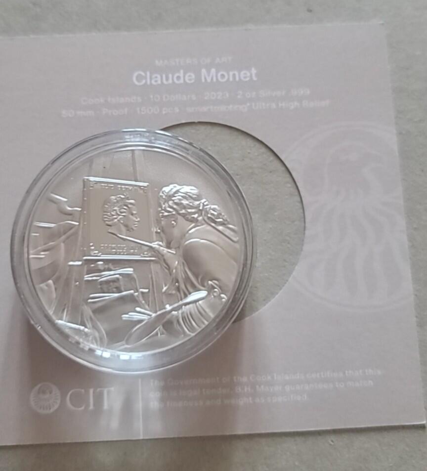 【币将精彩】世界钱币拍卖（2026-1-21） 库克2023年画家莫奈彩色大银币，2盎司带证书包装