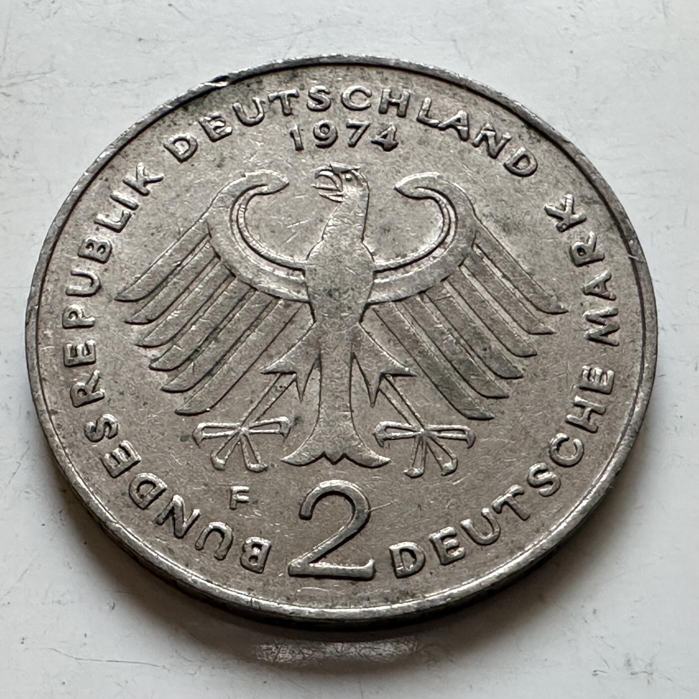 🌹外币初藏🌹🐯2025年第140场  每周二四六晚8️⃣点 接代拍 德国1974年F版 2马克 阿登纳