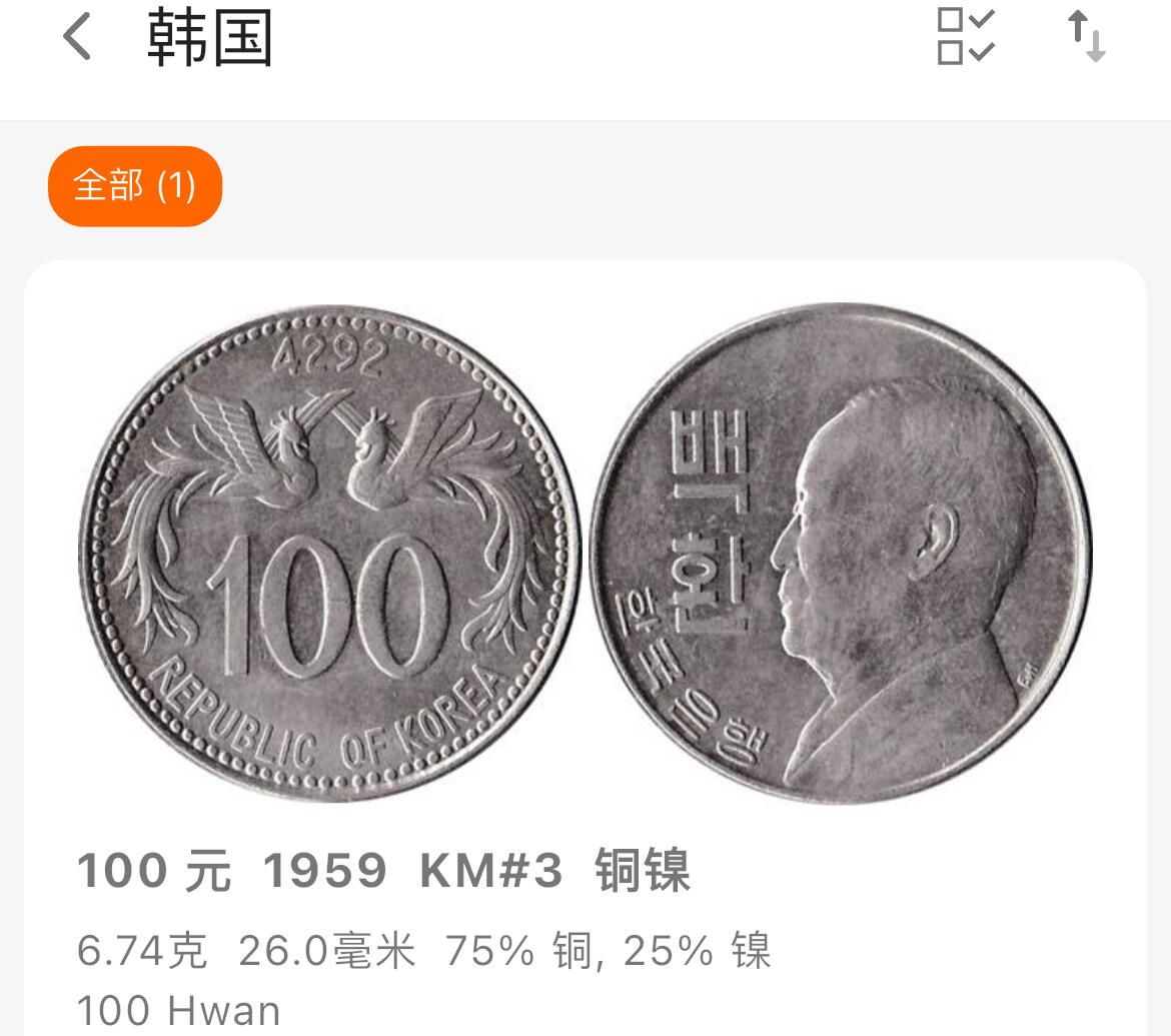 回流1215 韩国1959年100圜 首任总统李承晚/双凤图