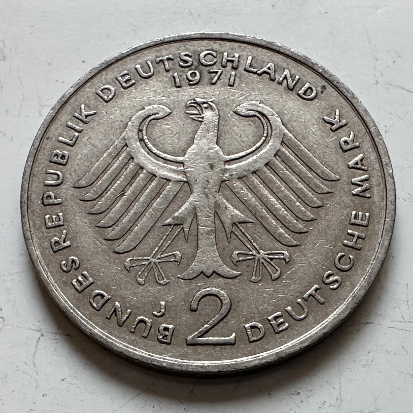 🌹外币初藏🌹🐯2025年第140场  每周二四六晚8️⃣点 接代拍 德国1971年J版 2马克 阿登纳