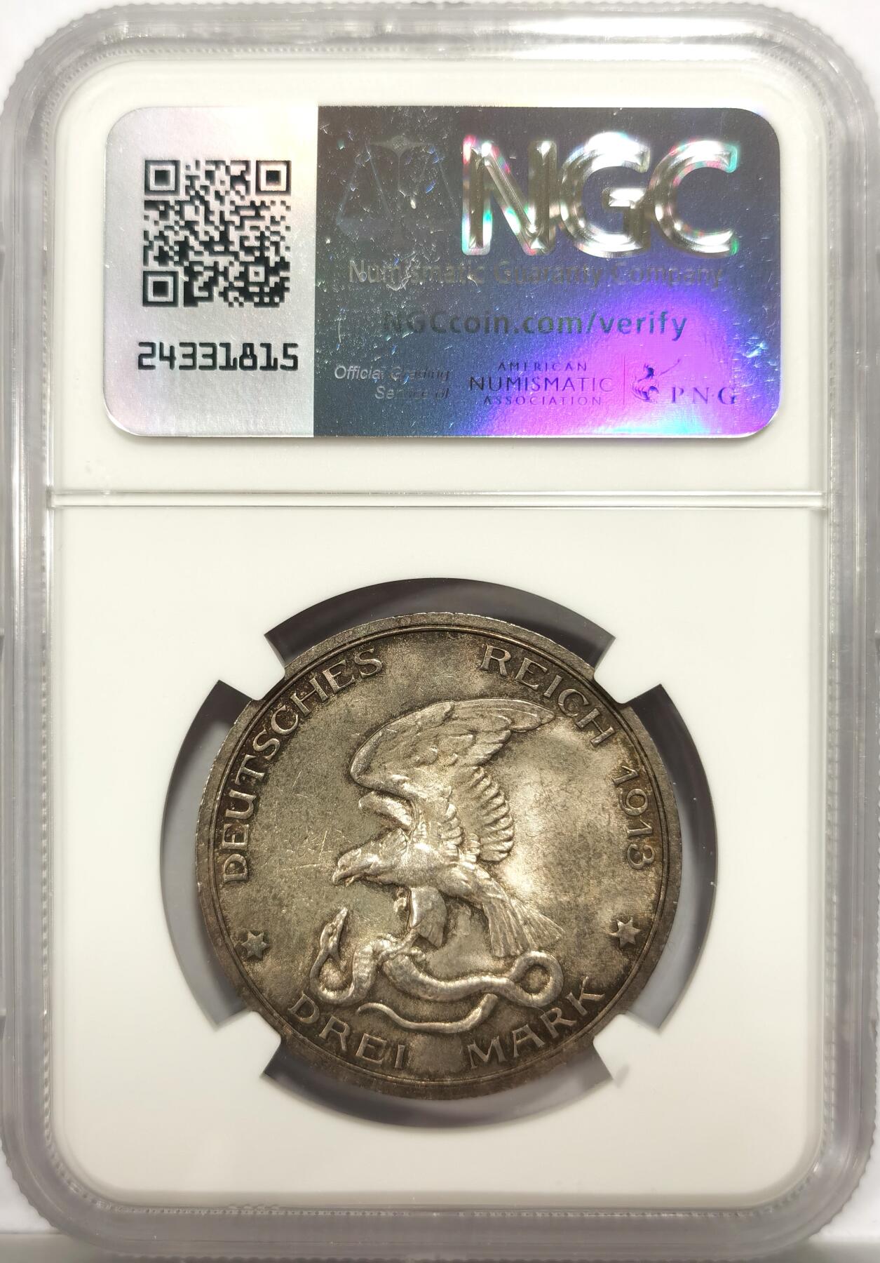 博洋堂世界钱币拍卖第151期（全场包邮） NGC MS64 德国普鲁士1913年战胜拿破仑纪念3马克银币 状态光感极佳