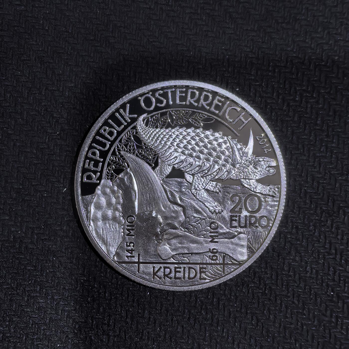 道一币馆币章第一百五十八场 原盒证 奥地利2014年史前生物系列-白垩纪时代20欧元精制银币