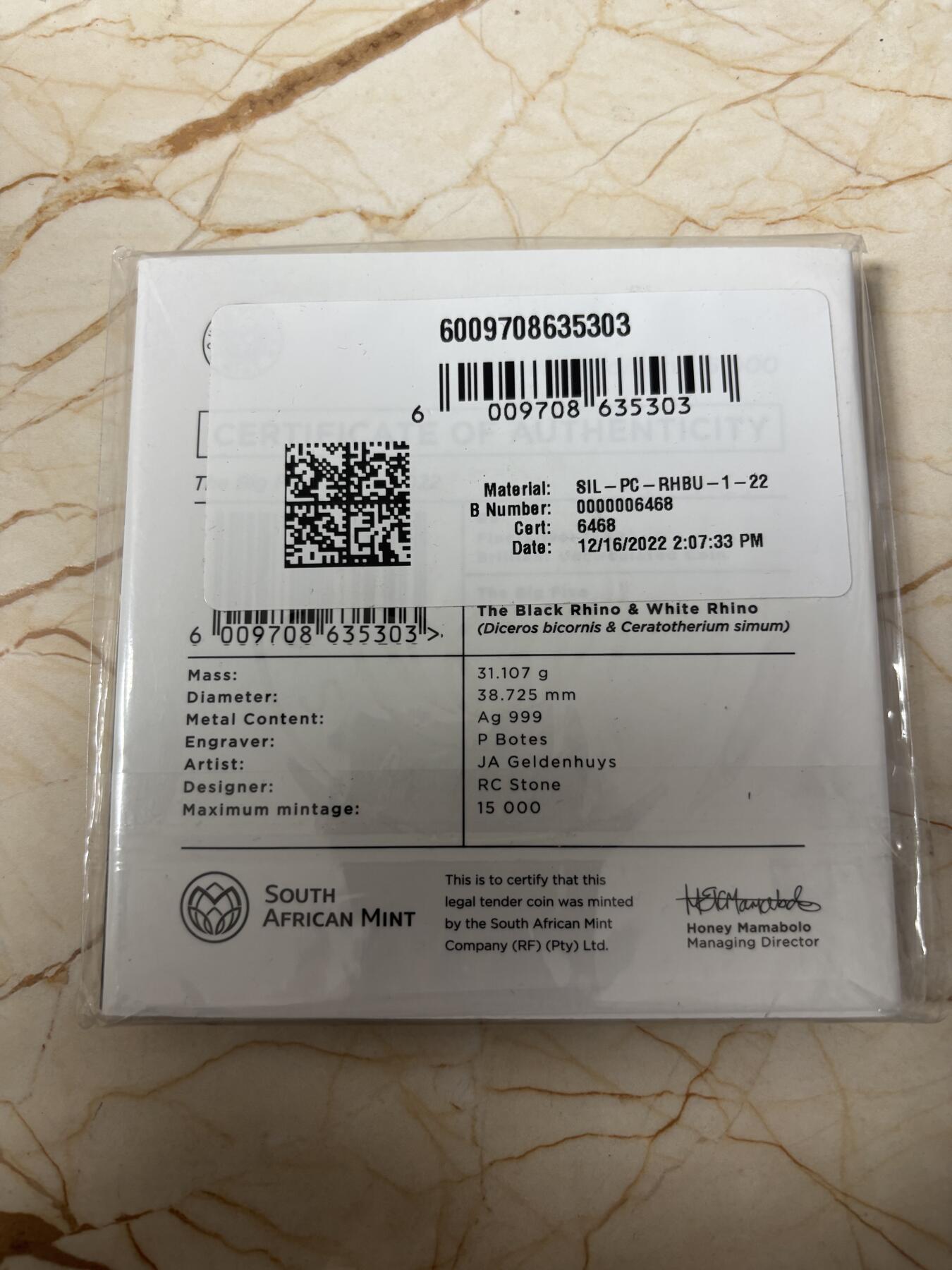 第185期拍卖 卡装南非2022年非洲五霸犀牛1盎司纪念普制银币，999银，发行15000枚