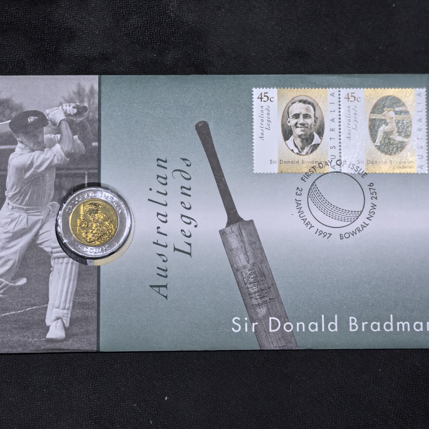 道一币馆币章第一百五十八场 邮币封 澳大利亚1997年棒球明星唐纳德·布拉德曼5元纪念币