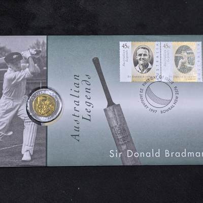 道一币馆币章第一百五十八场 - 邮币封 澳大利亚1997年棒球明星唐纳德·布拉德曼5元纪念币