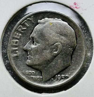 文馨钱币收藏第 284 场，【 长期接收代拍品】老藏家拍品南朝鲜李承晚时期货币，泰国大型纪念币，土耳其各时期及各国套币场 - 1952 年美国罗斯福 10 美分银币 S 厂，第 15 版 900 高银