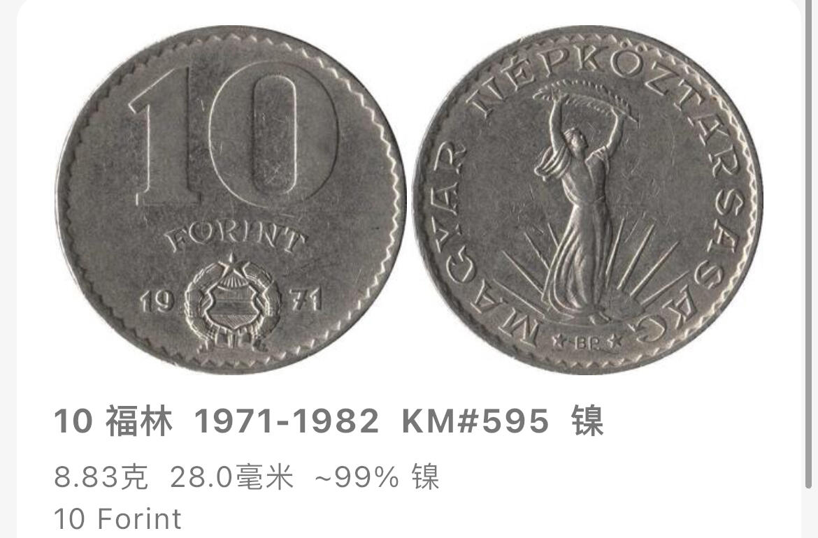 回流1215 全新匈牙利社会主义共和国1971年10福林镍币 布达佩斯斯特罗布尔自由女神纪念碑