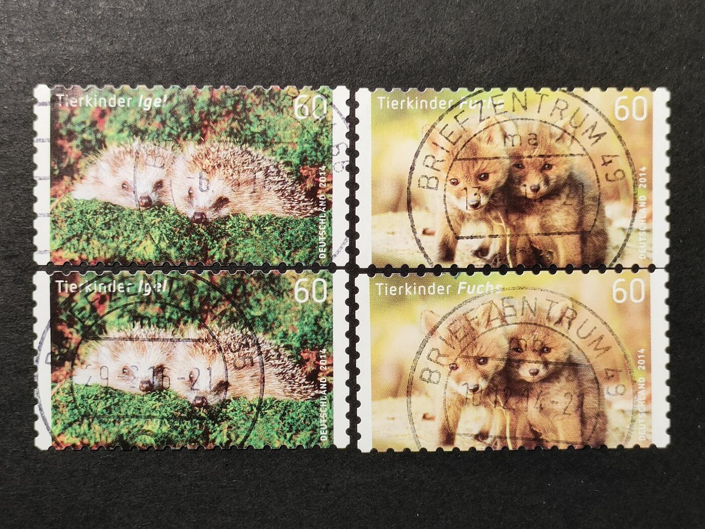 ↓君缘收藏677期☞钱币邮品↓无佣金、可寄存、满30元包邮  德国邮票，2014年动物 狐狸刺猬幼崽不干胶邮票2全，有2套随机发一套