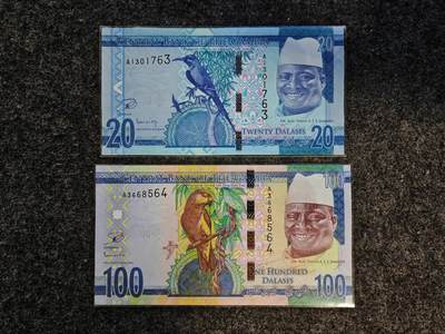 【礼羽收藏】🌏世界钱币拍卖第115期 - （一组2张）非洲，冈比亚，20+100达拉西，纸币，全新UNC