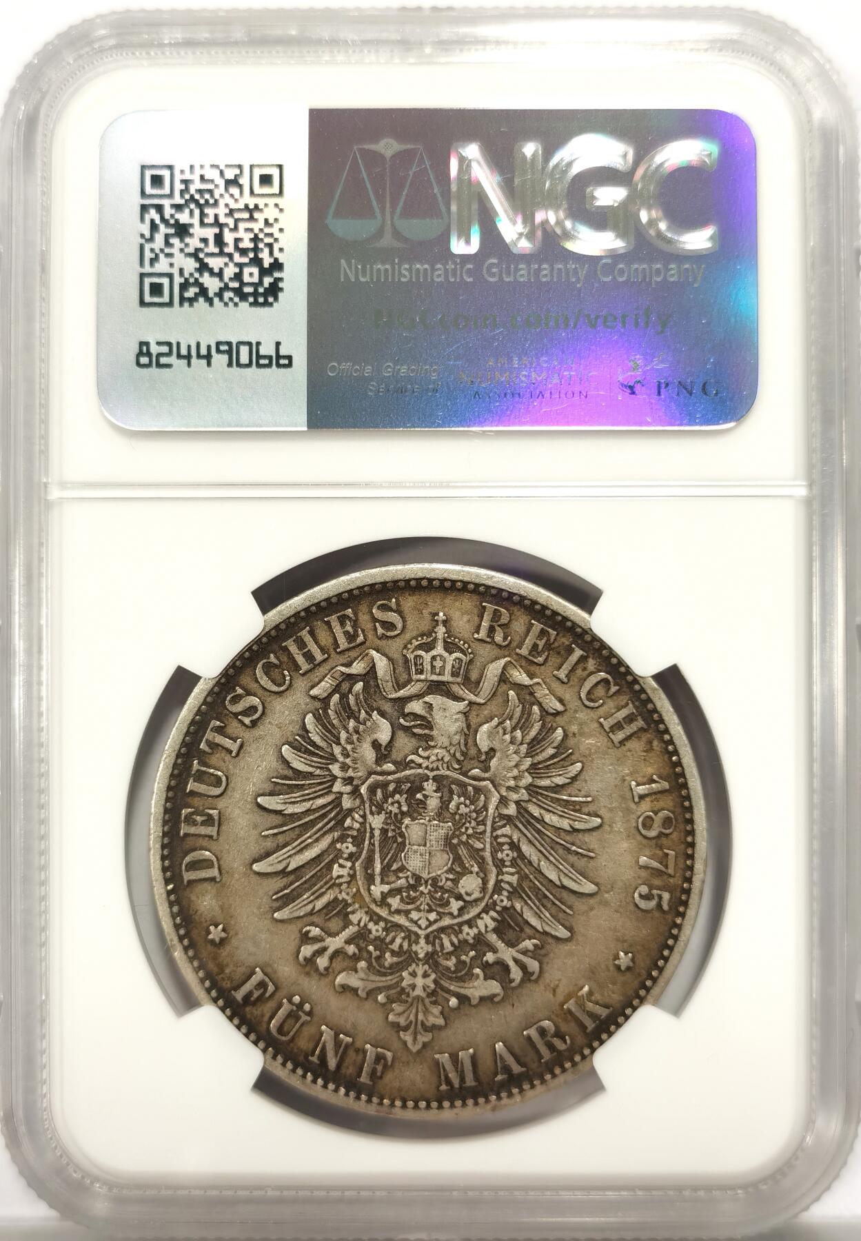 博洋堂世界钱币拍卖第151期（全场包邮） NGC XF45 德国巴伐利亚1875年D版路德维希二世短翅鹰5马克 原味包浆 状态甚佳