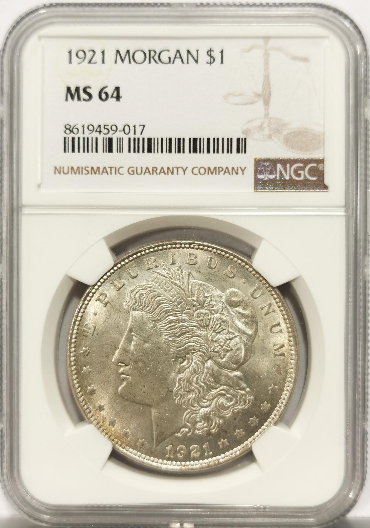 博洋堂世界钱币拍卖第151期（全场包邮） NGC MS64 美国1921年摩根银币，卷拆极品，双面车轮光，银光闪烁。