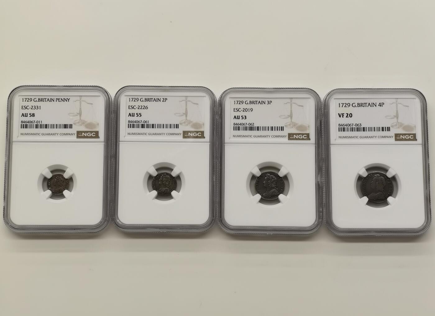博洋堂世界钱币拍卖第151期（全场包邮） NGC VF20-AU58 英国1729年乔治二世濯足币4枚一套，非常少见，麦稀奇首拍