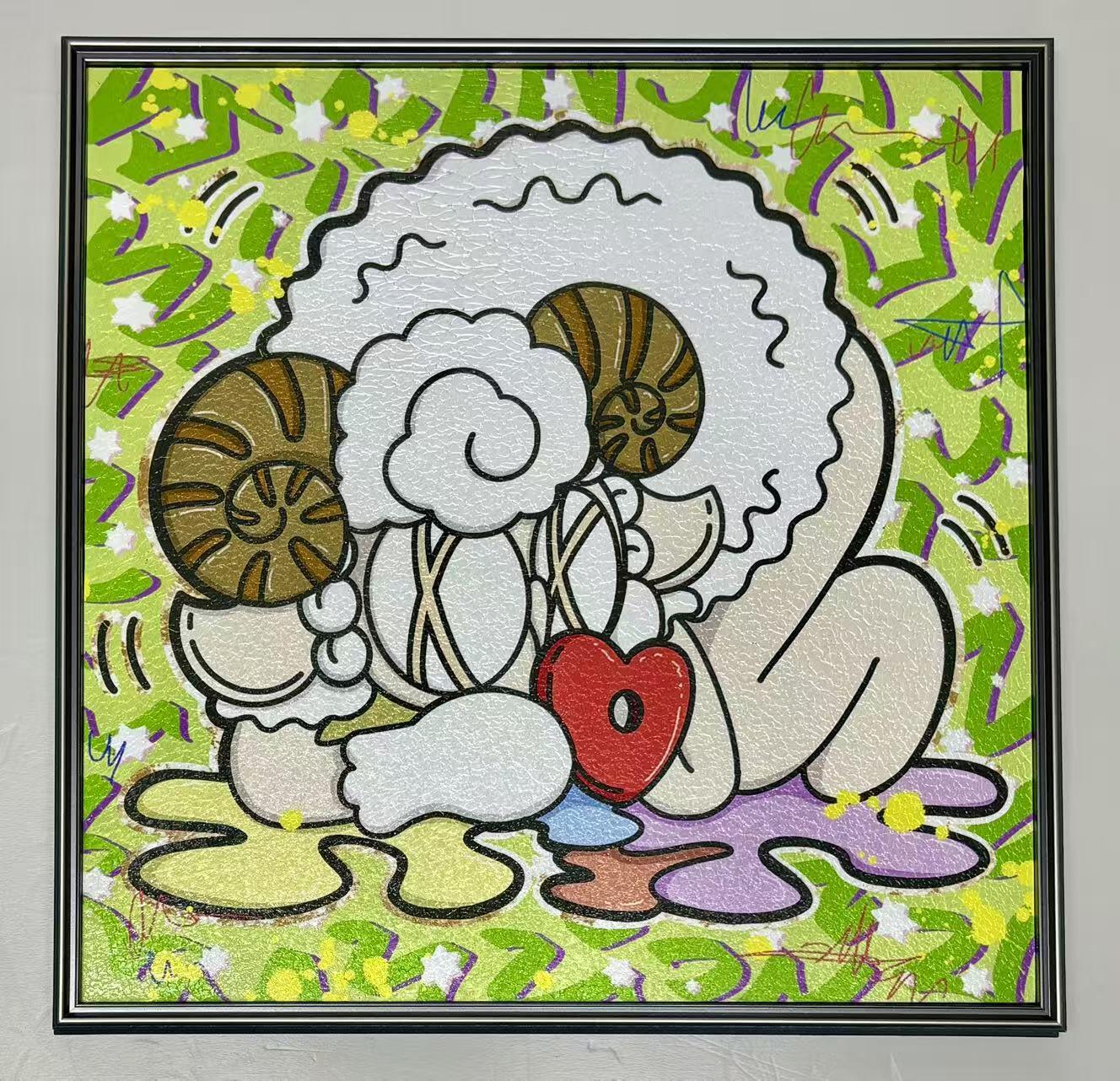 零元拍：歪歪 OWSON 系列作品装饰肌理画《十二星座-白羊座》，相框尺寸35/35CM。因展品出展，镜框可能有轻微划痕，介意勿拍