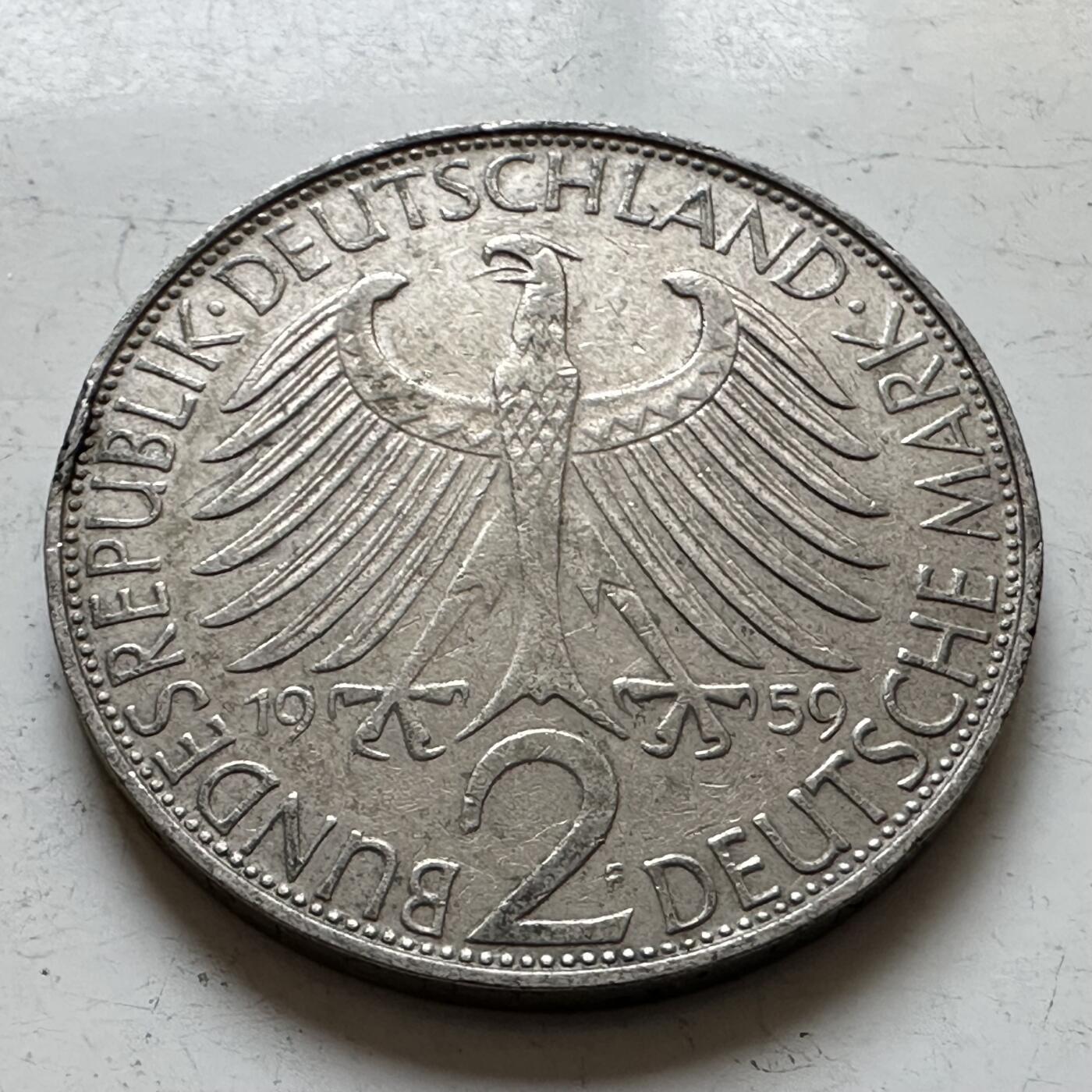 🌹外币初藏🌹🐯2025年第140场  每周二四六晚8️⃣点 接代拍 德国1959年F版 2马克 普朗克