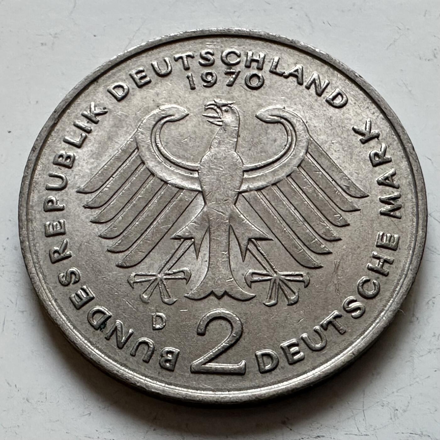 🌹外币初藏🌹🐯2025年第140场  每周二四六晚8️⃣点 接代拍 德国1970年D版 2马克 阿登纳