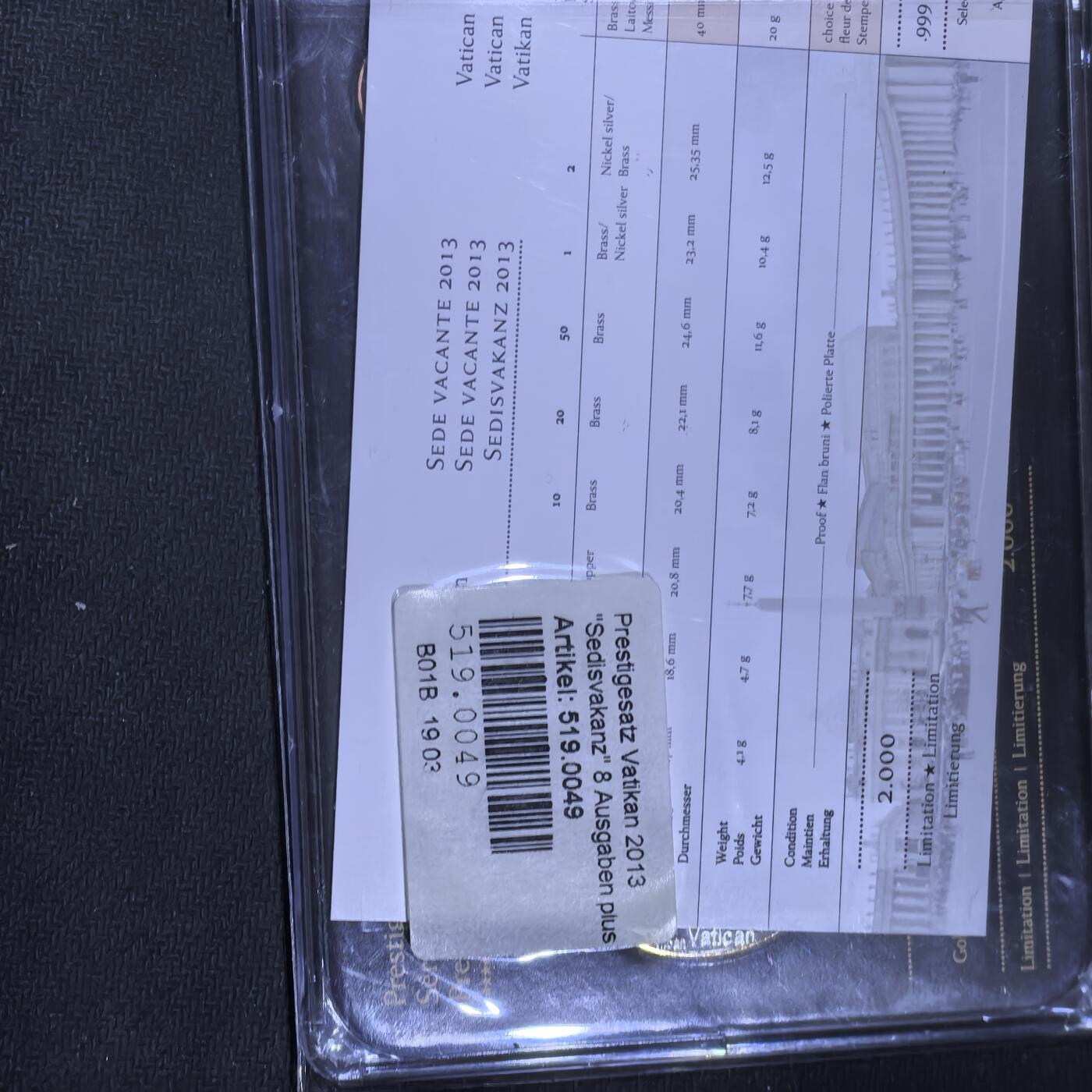 道一币馆币章第一百五十八场 原盒证 梵蒂冈2013年欧元样币8枚+纪念章 镀金镀银