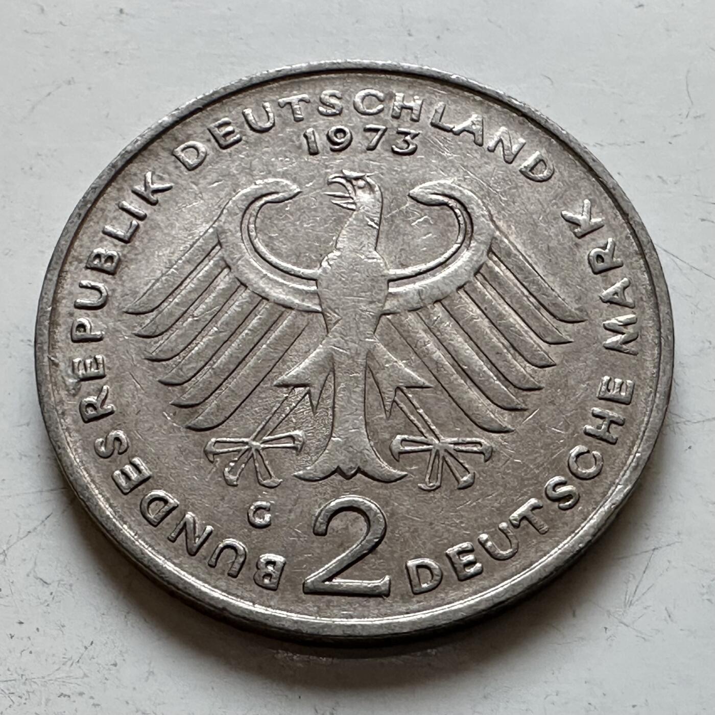 🌹外币初藏🌹🐯2025年第140场  每周二四六晚8️⃣点 接代拍 德国1973年G版 2马克 阿登纳