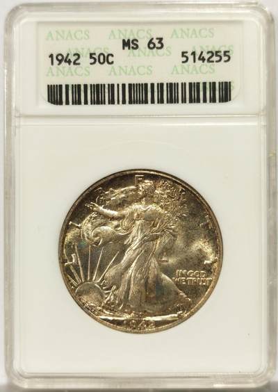 博洋堂世界钱币拍卖第151期（全场包邮） - ANACS MS63 美国1942年行走女神半美元银币绝版经典小白盒，原汁原味淡彩老包浆，币面清爽干净又漂亮，打制精美，银光闪闪。ANACS绝版经典小白盒，以前许多小白盒换N，P升一级比比皆是，小白盒的品质保证很值得信赖，盒子本身就是古董级别的收藏品