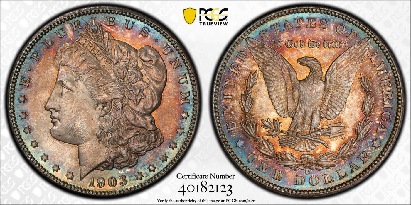 博洋堂藏家专场系列之美国钱币白金之夜专场②暨第152期（全场包邮）  PCGS MS65 美国1903 O 摩根 CAC 此年大部分的钱币钱币遭到融毁 余下的因储存不当也留下了布袋痕 再加上新奥尔良厂的铸造不精 一枚如此高分的钱币极为难得 此分数为品种分水岭 评级量仅约为64分一半 此枚铸造精美 双面覆盖醇厚老包浆 CAC更是证明其是同品类中的佼佼者 麦稀奇首见品种 极其稀有的收藏品 PCGS指导价为8142RMB