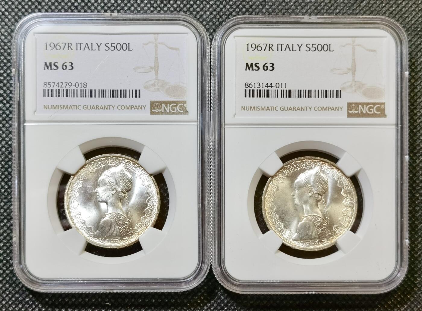 甄臻铺-世界币章拍卖（第43期）送拍享返佣金等优惠多多 NGC-MS63 1967年意大利帆船少女，两枚一组卷拆，严重低评