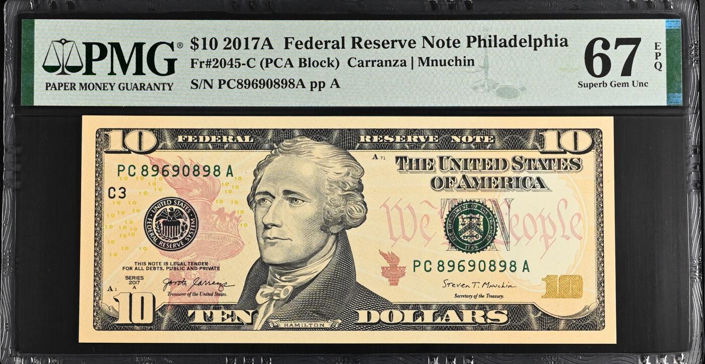 《艾美收藏》第224期-12.14周日外币超白金场 美国2017A彩版10美元PMG67E季军分倒置号尾8