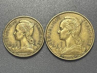 回流1215 - 美品 法属马达加斯加1953年10、20法郎两枚