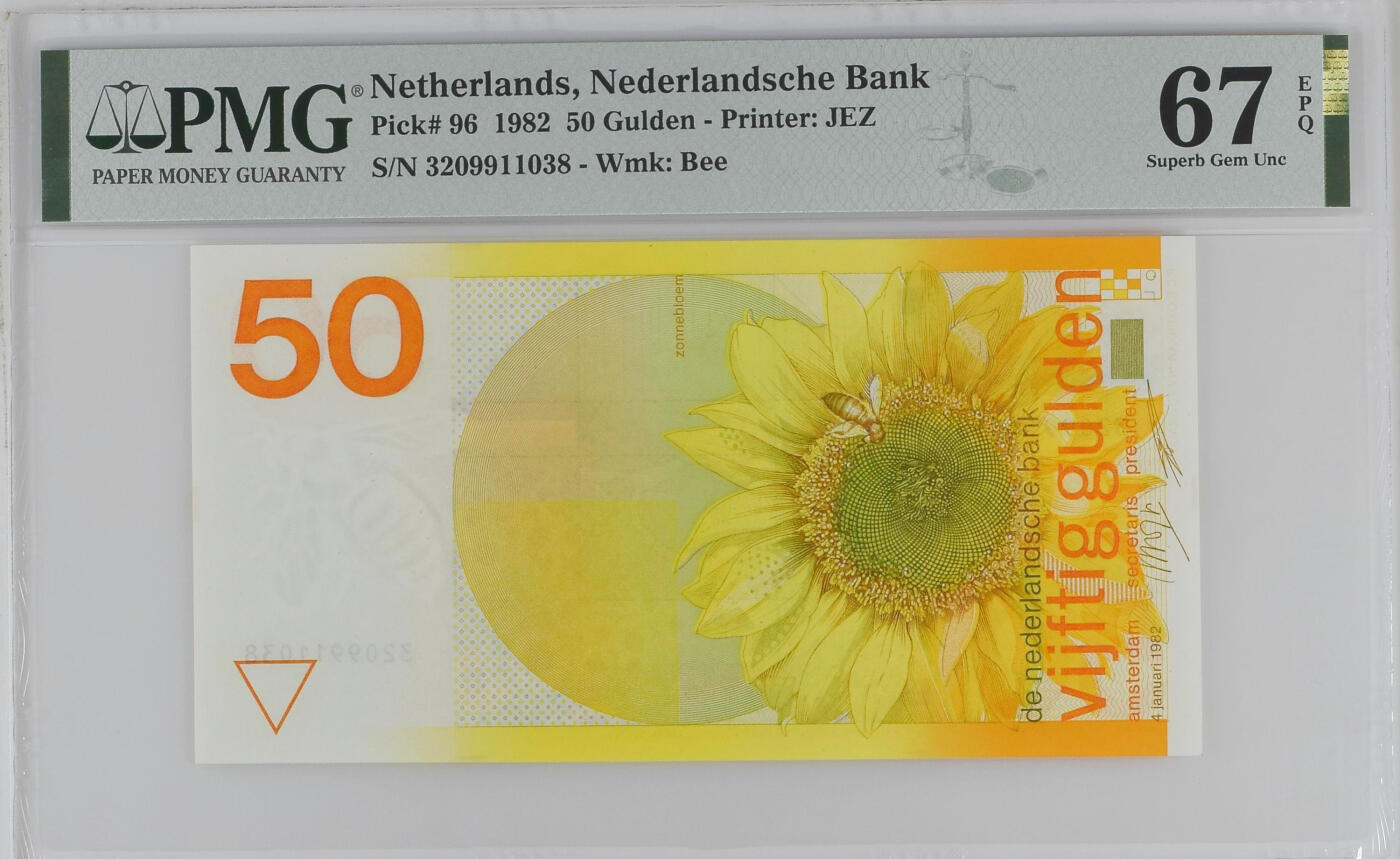 《艾美收藏》第224期-12.14周日外币超白金场 荷兰1982年50盾PMG67分长号段无47尾8 名誉品向日葵，西欧经典票 荷兰三剑客之一