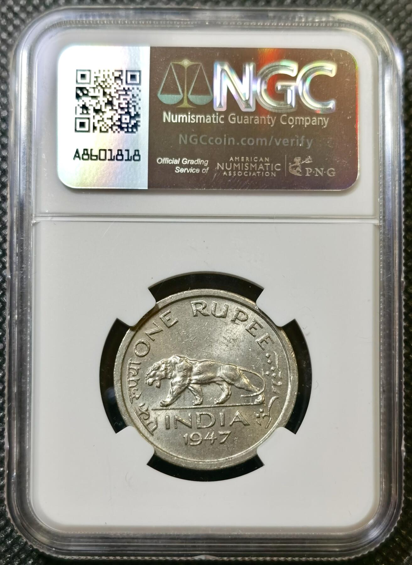 甄臻铺-世界币章拍卖（第43期）送拍享返佣金等优惠多多 NGC-MS61印度1947-L一卢比，印度独立的首年卢比，品相状态很好
