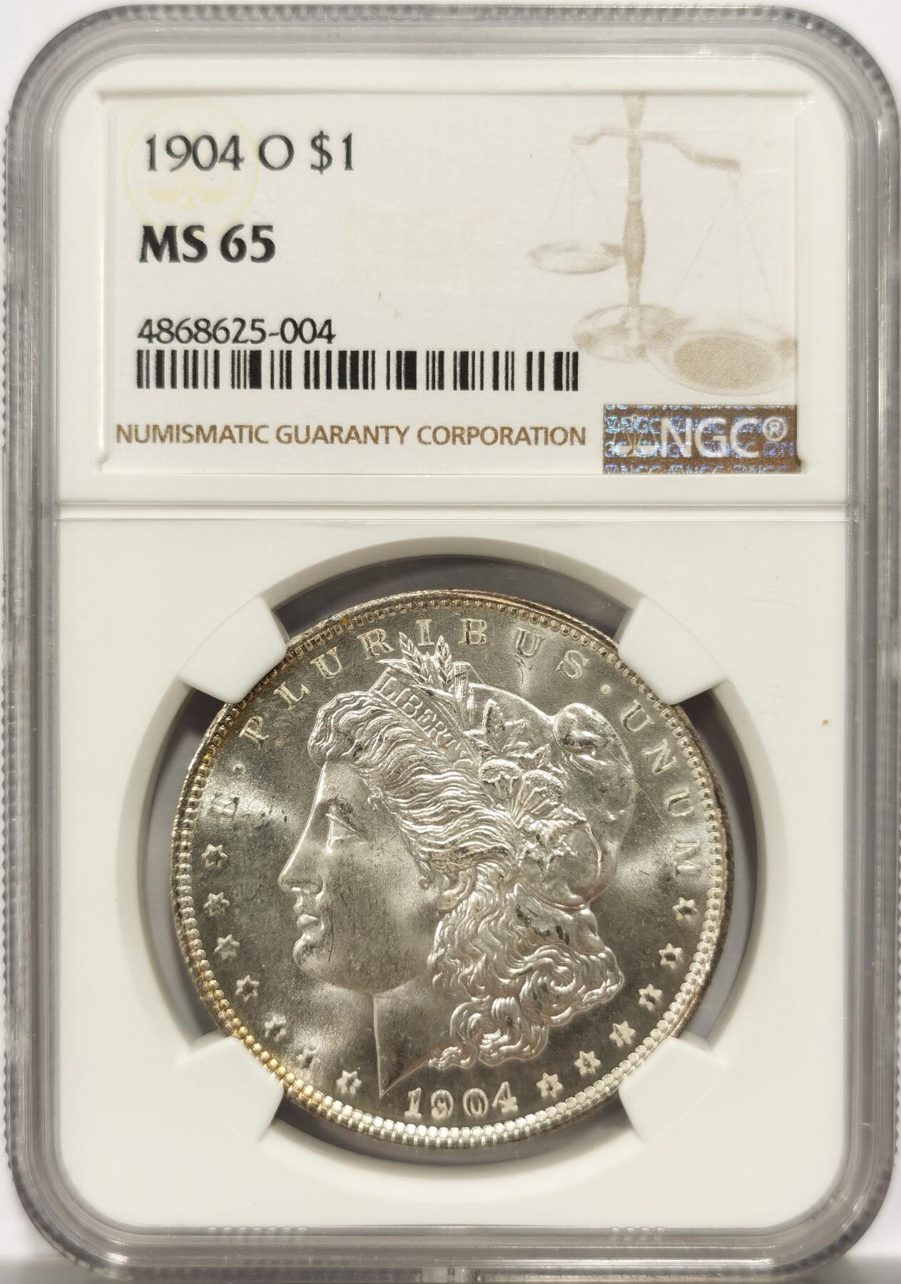 博洋堂世界钱币拍卖第151期（全场包邮） NGC MS65 美国1904年O版摩根1元大银币 十字转光，完美品相