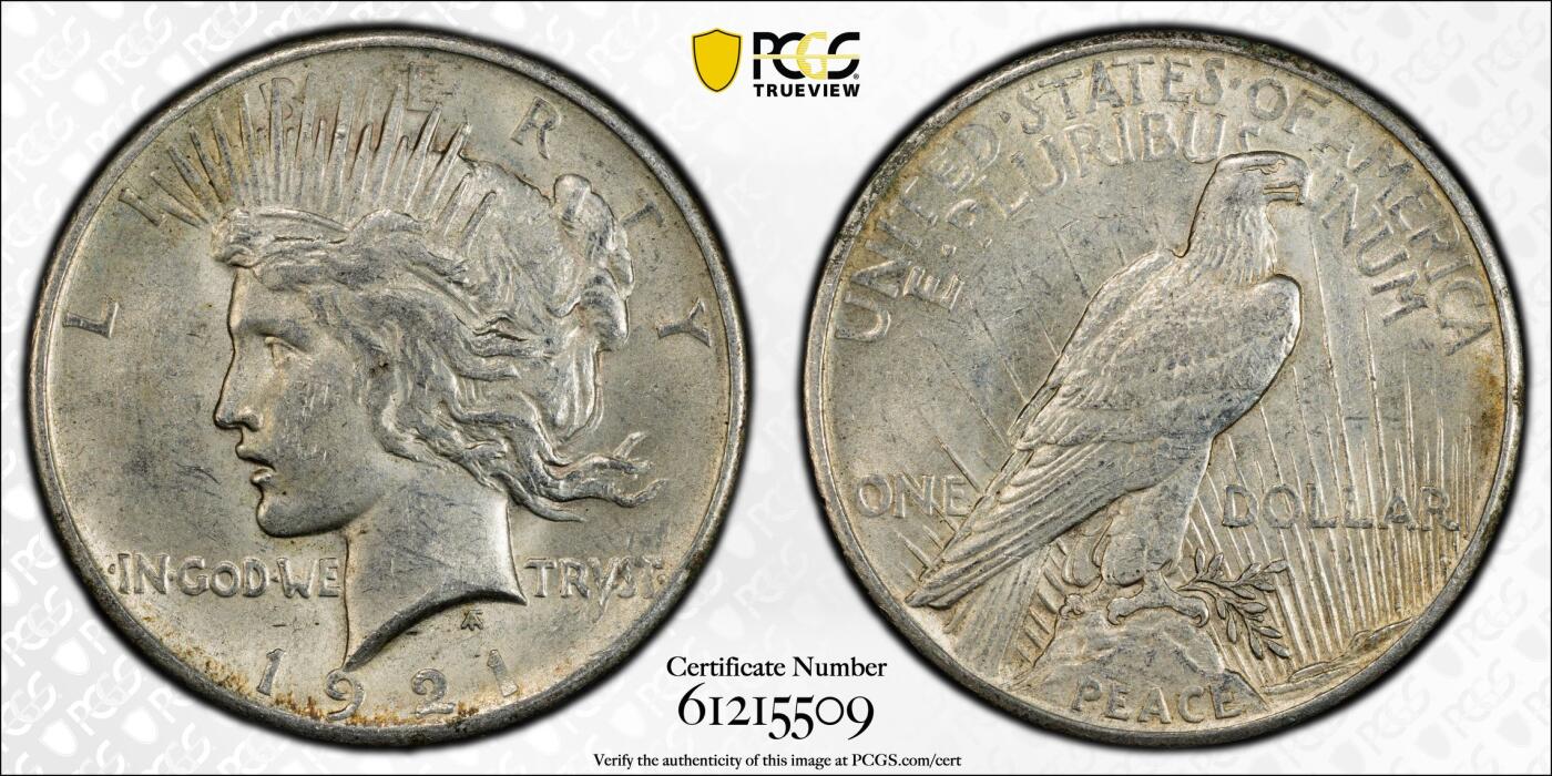 博洋堂藏家专场系列之美国钱币白金之夜专场②暨第152期（全场包邮）  PCGS MS62 美国1921 首年和平 高浮雕 打制精美 双面老包浆 底板完美