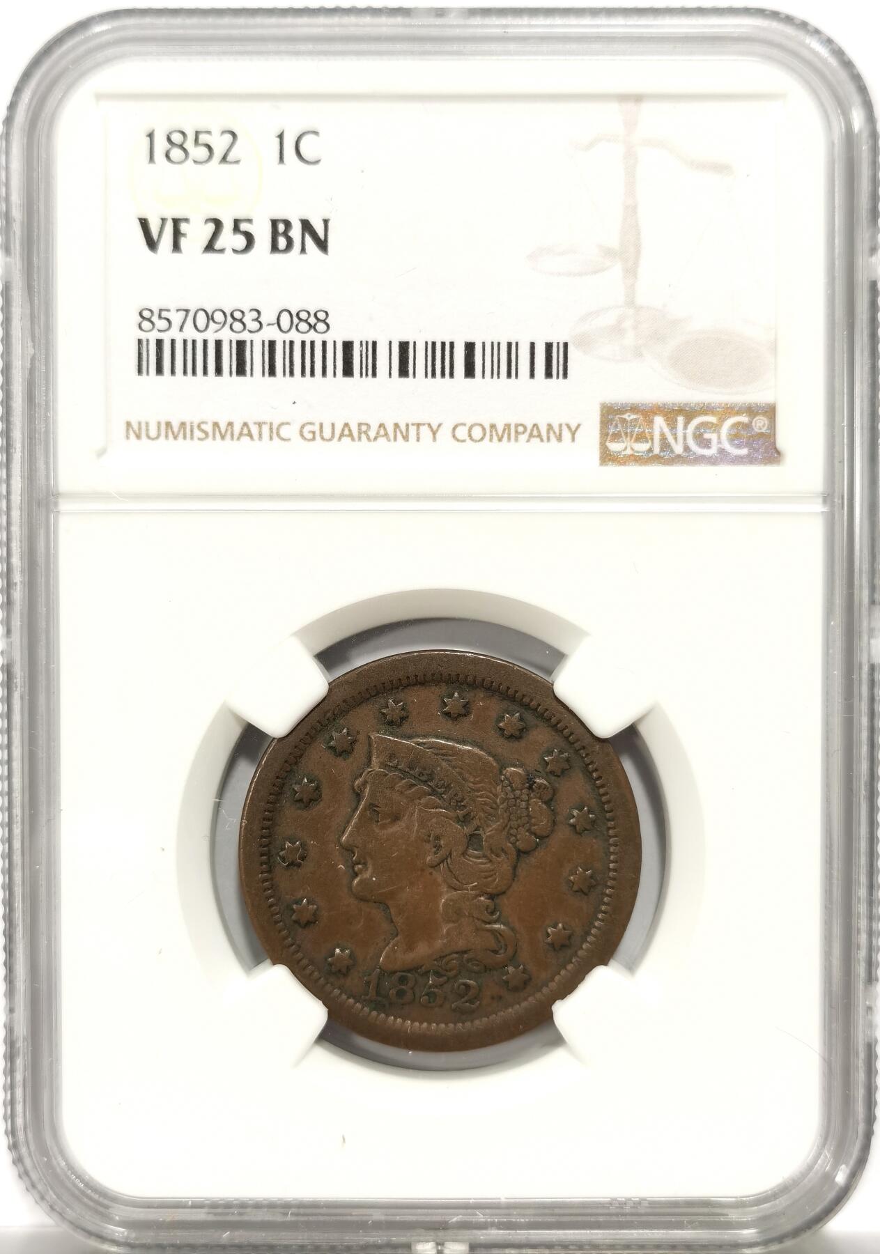 博洋堂世界钱币拍卖第151期（全场包邮） NGC VF25BN 美国1852年自由女神1美分大型早期年份少见