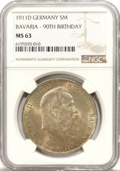 博洋堂世界钱币拍卖第151期（全场包邮） - NGC MS63 德国巴伐利亚1911年柳特波德寿辰纪念5马克银币