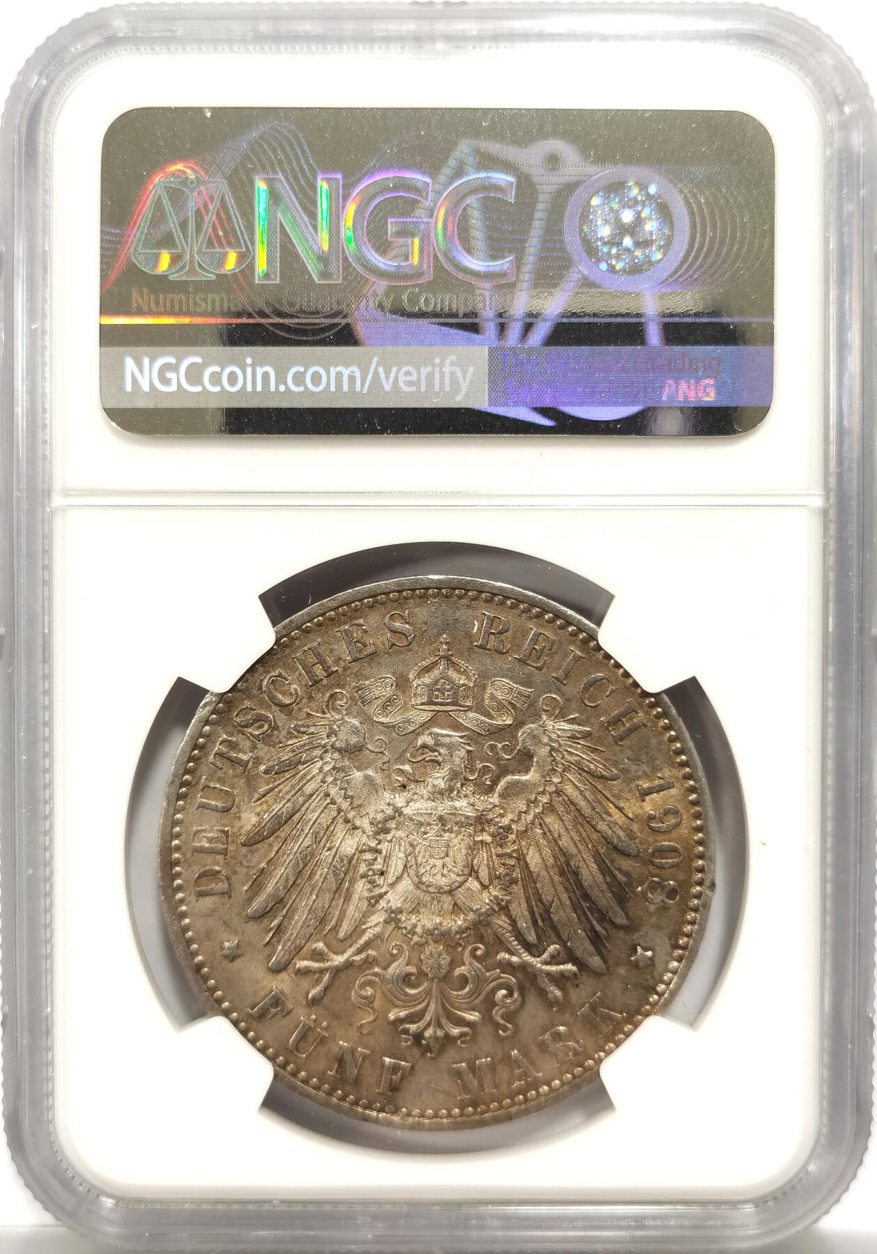 博洋堂世界钱币拍卖第151期（全场包邮） NGC MS61 德国符腾堡1908年威廉二世5马克银币 发丝胡子清晰