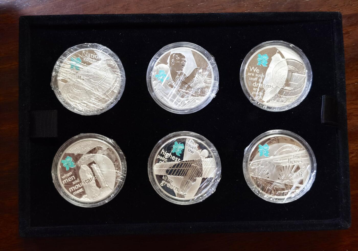 甄臻铺-世界币章拍卖（第43期）送拍享返佣金等优惠多多 英国 2009年，6枚套装，伦敦奥运倒计时纪念银币，单枚面值5英镑，含28.28克925银，共169.68克。原盒证。