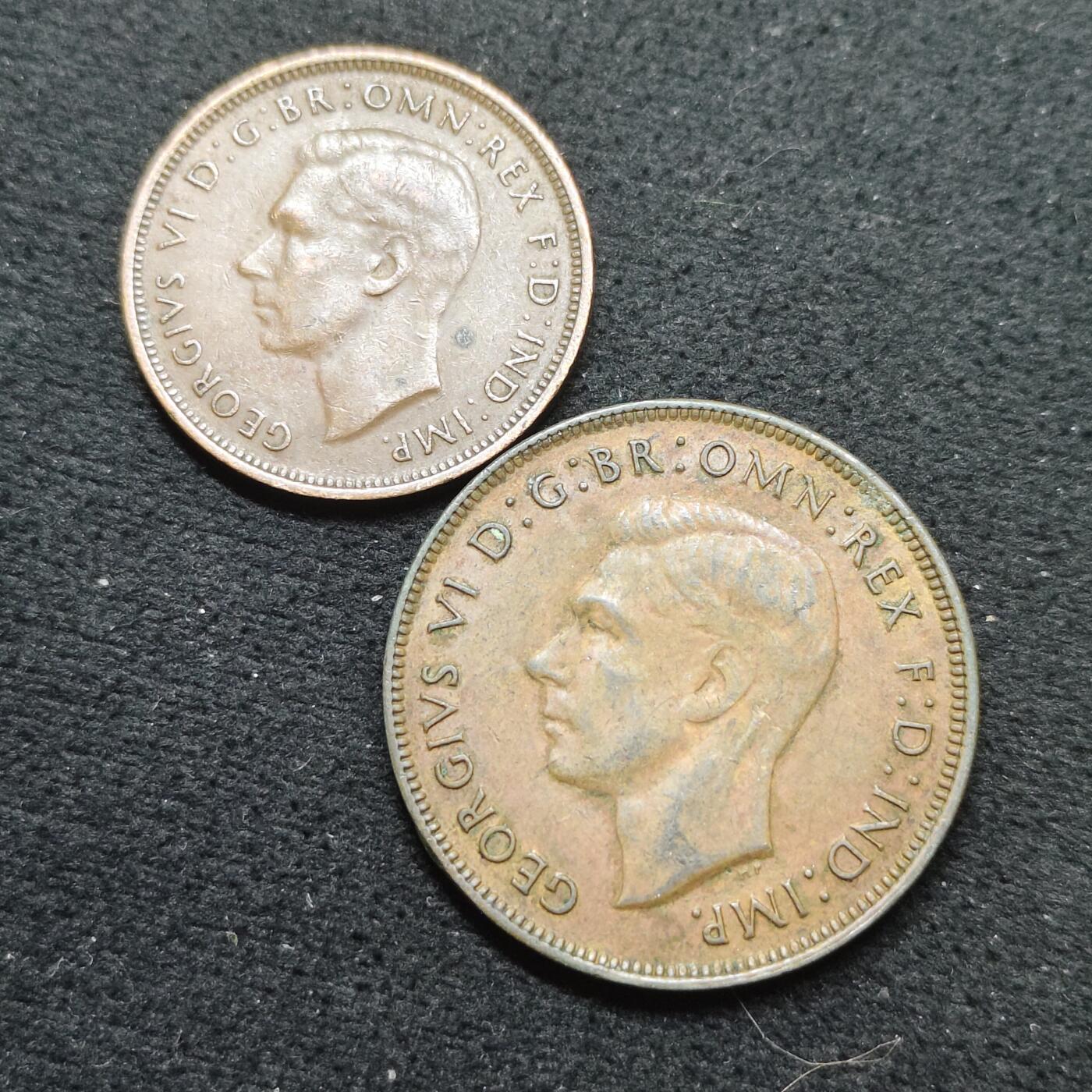 【全场包邮】纯粹捡漏拍484场（免费代拍第21场） 澳大利亚1943年乔治六世半便士-1便士铜币2枚一组